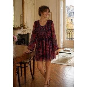 BCBGeneration Red Paisley Patchwork Ruffle Chiffon Boho Mini Dress Sz Medium